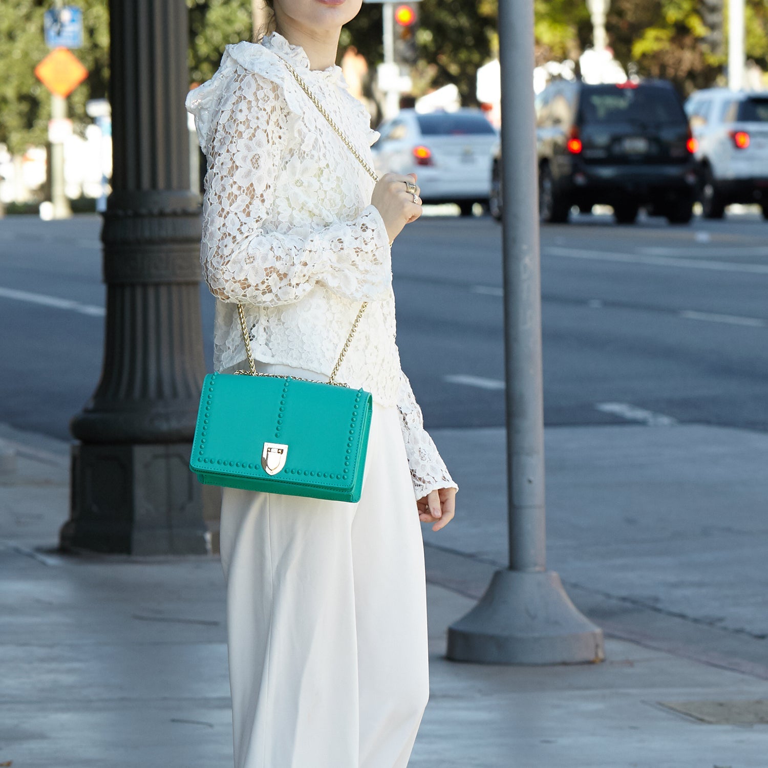 The Josie Studded Leather Bag in Arcadia Green