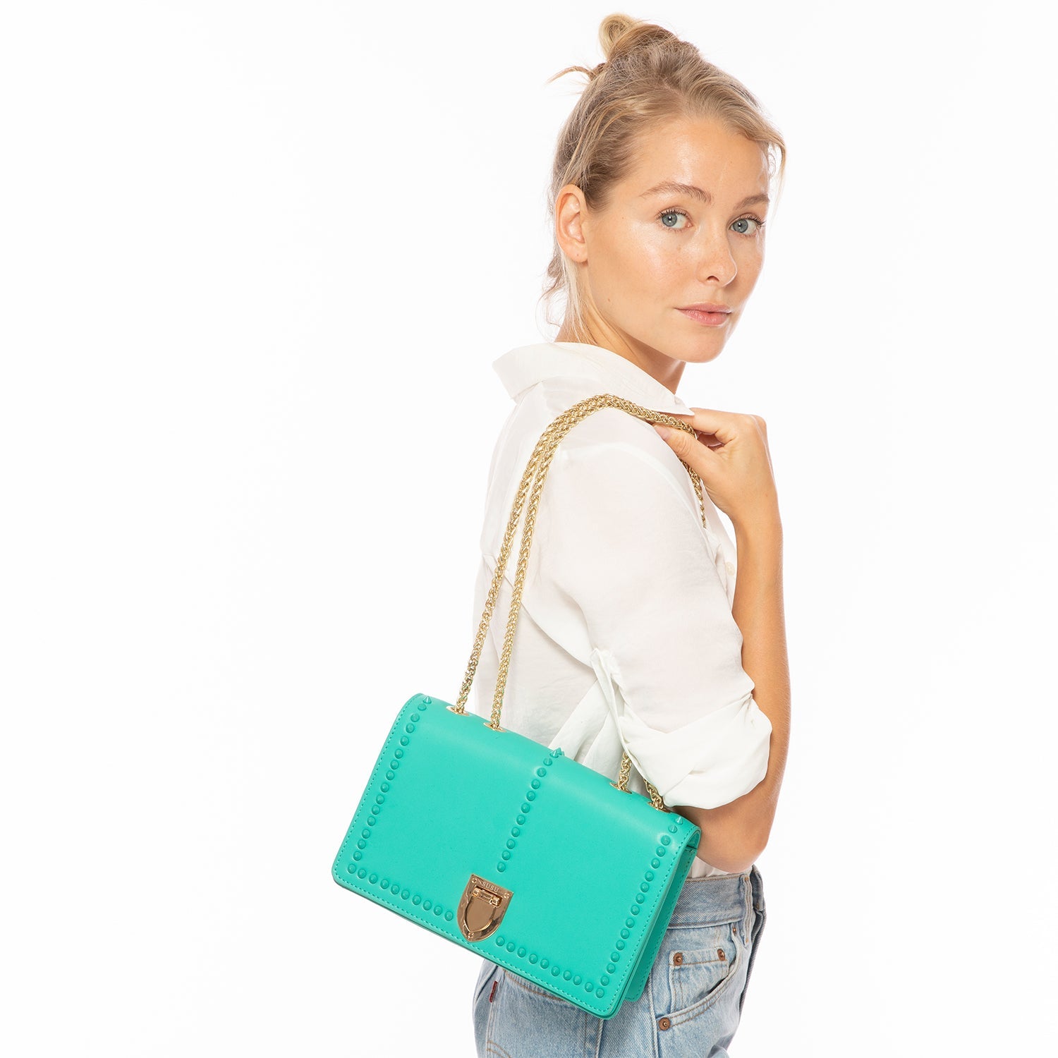 The Josie Studded Leather Bag in Arcadia Green
