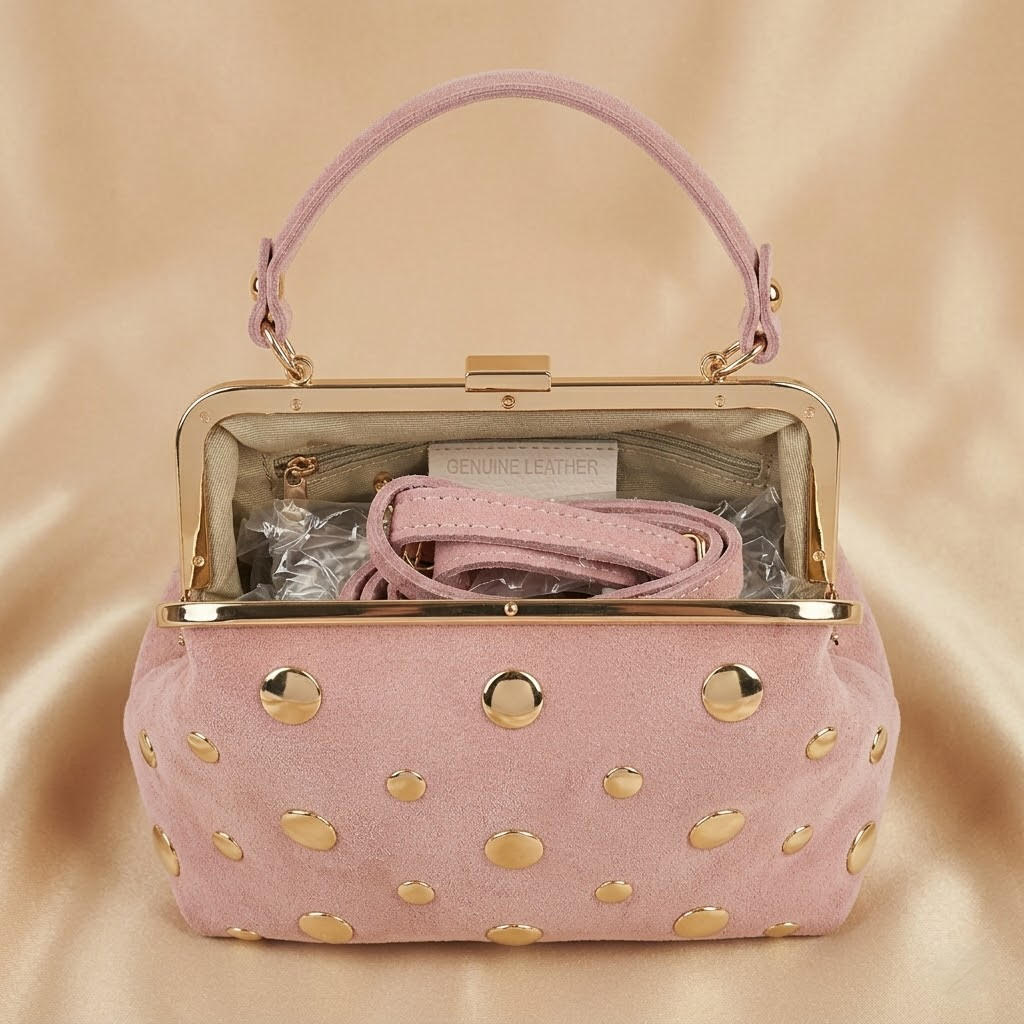 The Vintage Italian Studded Frame Bag – Rose Suede